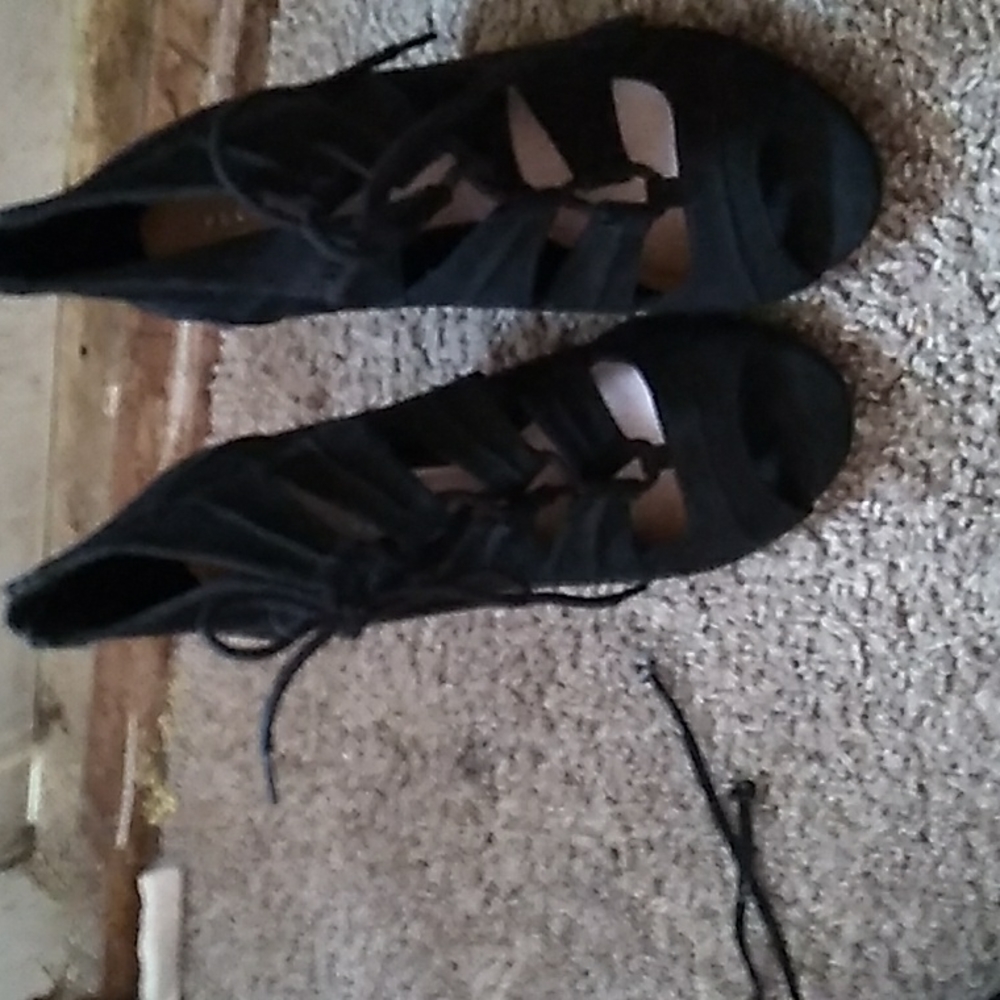 Kelly and Katie black open-toe lace closure high heels